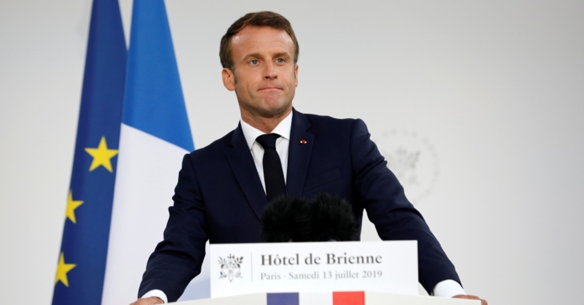 French President Emmanuel Macron speaks at the residence of French Defense Minister on the eve of Bastille Day in Paris, France, July 13, 2019 (Reuters Photo)