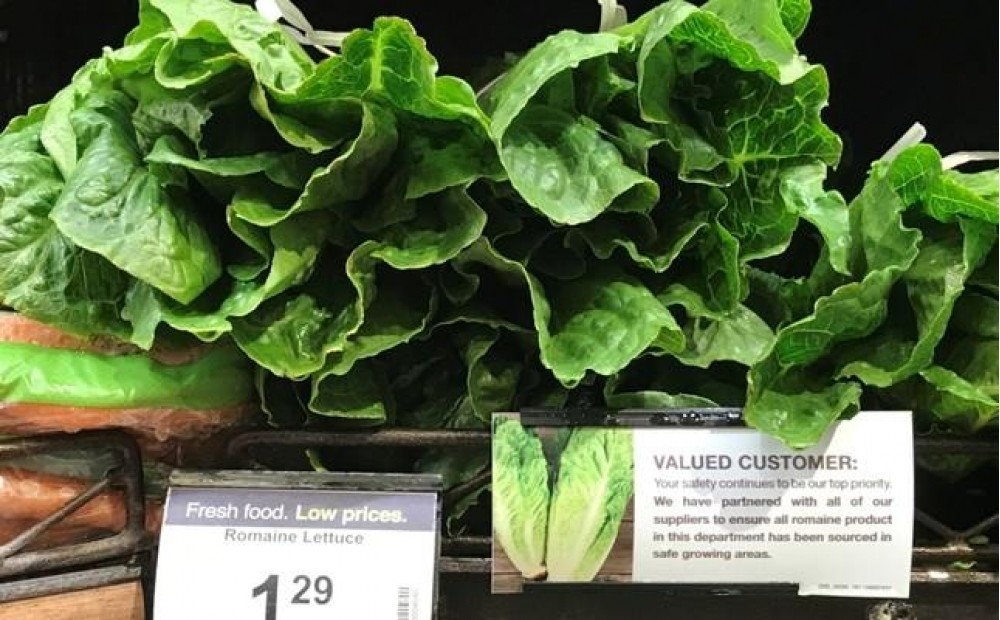 Romaine lettuce accompanied by an indication that it has been 'sourced in safe growing areas' is displayed at a super market in Los Angeles, California, May 4, 2018 (EPA Photo)