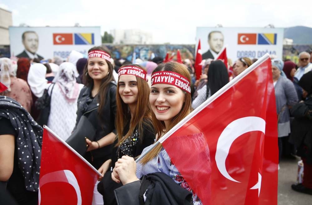 Supporters of President Recep Tayyip Erdou011fan gather before a pre-election rally in Sarajevo, Bosnia-Herzegovina, May 20.