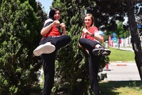 The gold medal winners at the 2017 World Taekwondo Championships, Nur Tatar Askari (L) and Zeliha Au011fru0131s pose together.