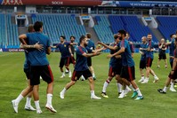 Spain's players take part during Spain's official training on the eve of the group B match between Portugal and Spain at the 2018 soccer World Cup in the Fisht Stadium in Sochi, Russia, Thursday, June 14, 2018. (AP Photo)
