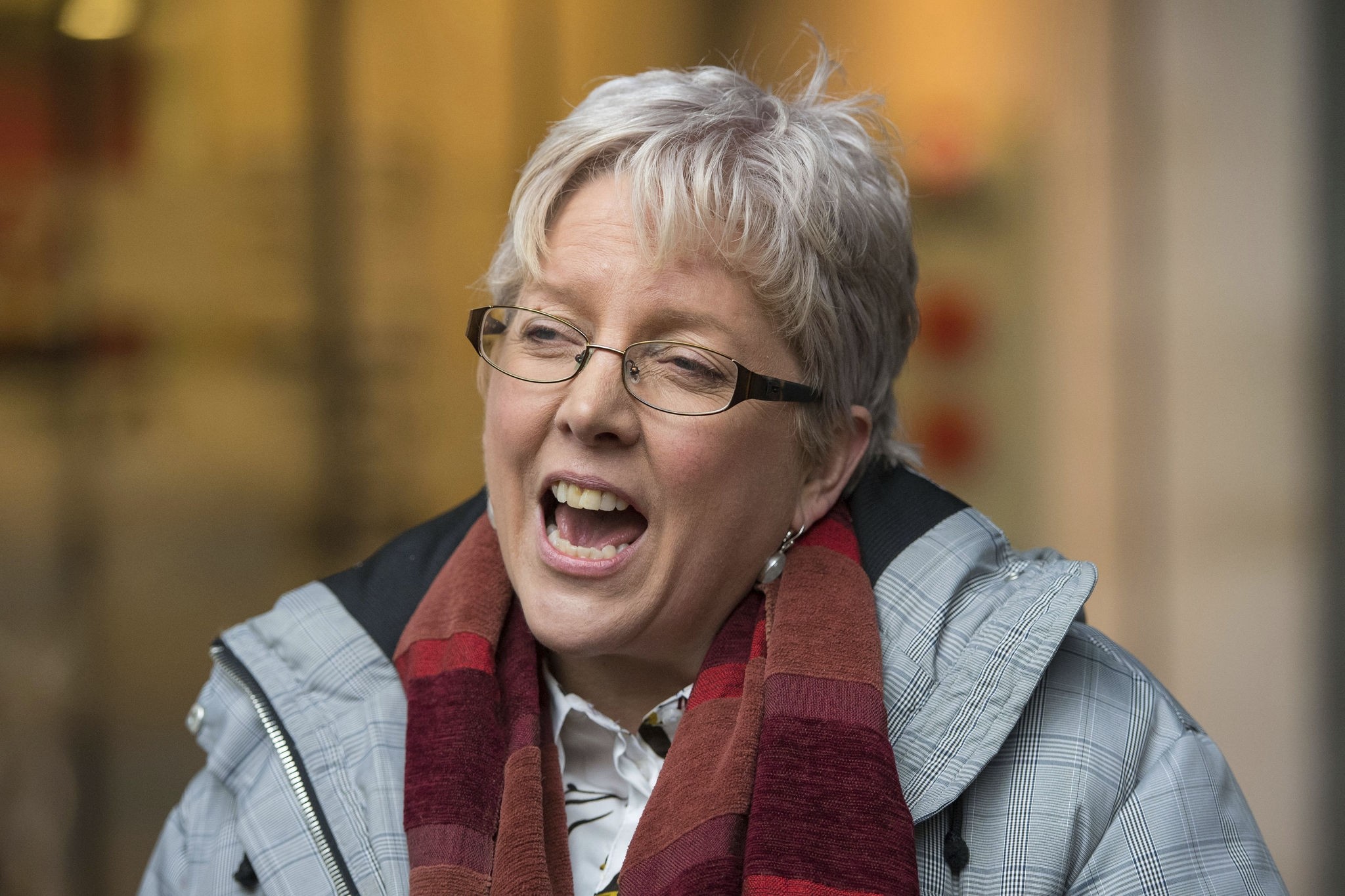 BBC's China editor Carrie Gracie speaks to the media outside BBC Broadcasting House in London, Monday Jan. 8, 2018. (PA via AP)