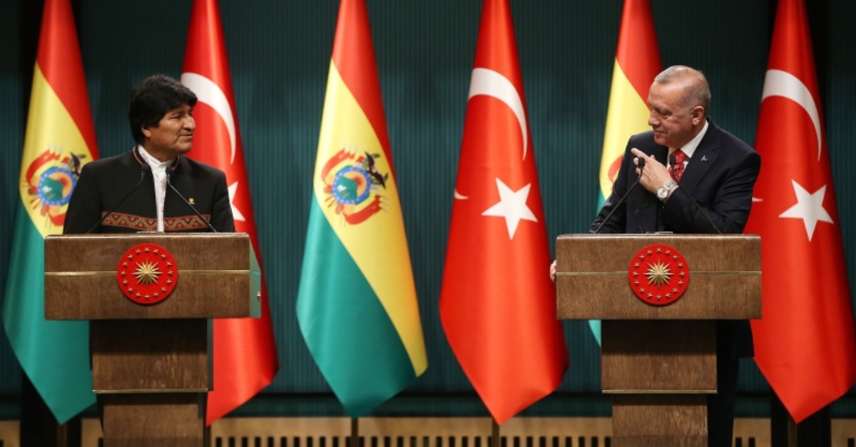 President Recep Tayyip Erdou011fan Speaking at a joint press conference with Bolivian President Juan Evo Morales Ayma, Ankara, Turkey, April 9, 2019. (AA Photo)