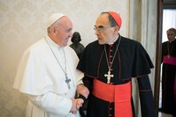 This handout photo taken and released on March 18, 2019 by the Vatican press office, the Vatican Media, shows Pope Francis shaking hands with France's Cardinal Philippe Barbarin (R), during their meeting at the Vatican on March 18, 2019. (AFP Photo)