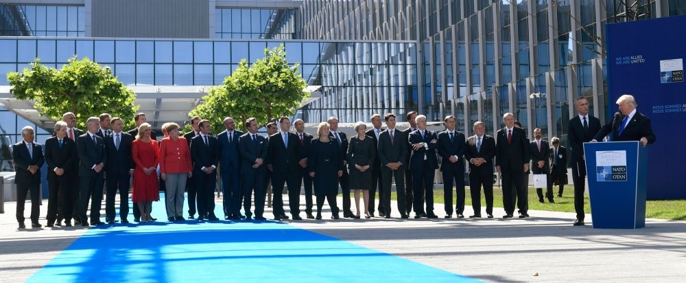 Leaders of the NATO member countries listening to U.S. President Donald Trump's speech during the NATO summit in Brussels on May 25.