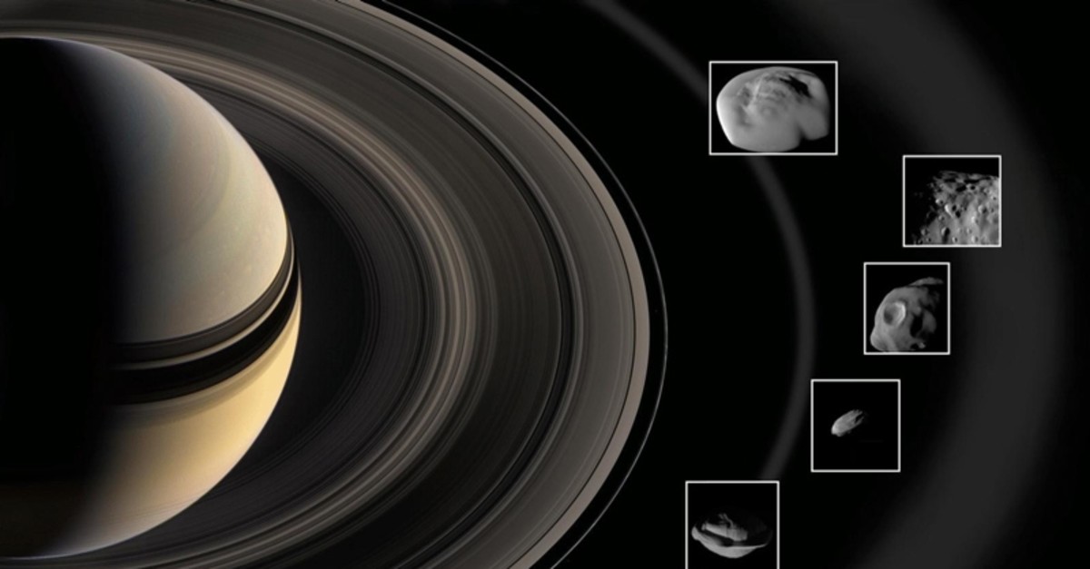 NASA image released March 28, 2019 shows how during super-close flybys of Saturn's rings, NASA's Cassini spacecraft inspected the planetu2019s mini-moons. (Nasa via AFP Photo)