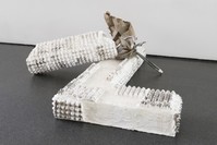 Jumana Manna, American, b. 1987, u201cKollek, Olmert, Lupolianski and Barkatu2019s Picnic in Silwan, Lord Kitcheneru2019s Neck,u201d 2014, egg cartons, plaster, burlap, wax, and scrap metal Installed, 78.7 u00d7 233.7 u00d7 218.4 cm.