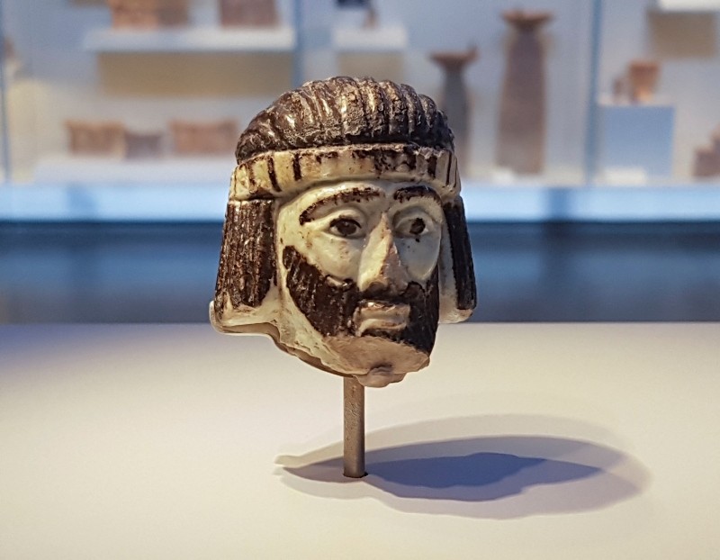 This Monday, June 4, 2018 photo shows a detailed figurine of a king's head on display at the Israel Museum, dating to biblical times, and found last year near Israel's northern border with Lebanon, in Jerusalem. (AP Photo)