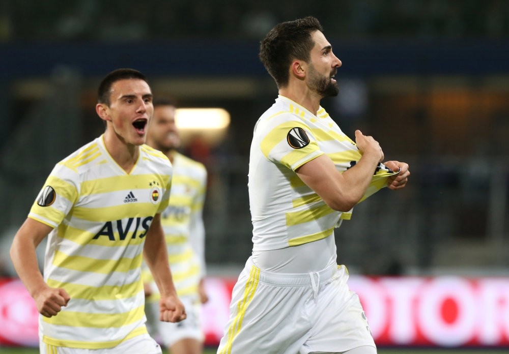 Fenerbahu00e7e's Hasan Ali Kaldu0131ru0131m celebrates scoring their second goal with Eljif Elmas during the match against Anderlecht on Oct. 25.