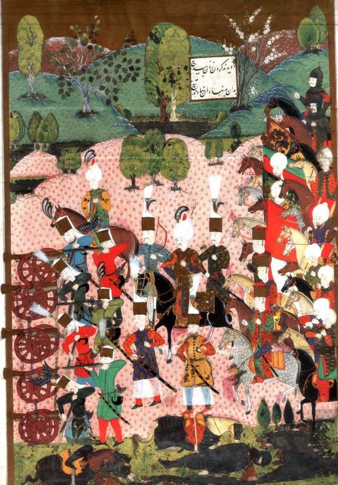 An Ottoman miniature depicts Ottoman janissaries at the Battle of Mohacs in 1526.