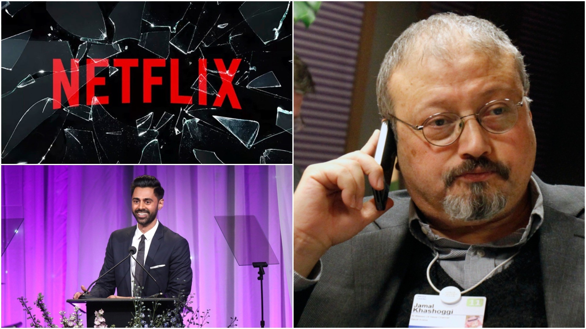 In the episode, Hasan Minhaj (bottom left) criticized Saudi Arabia after the killing of Jamal Khashoggi (R) in the Saudi consulate in Istanbul. (REUTERS/AP Photos)