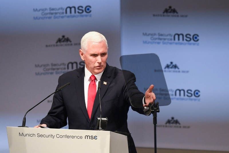 United States Vice President Mike Pence delivers his speech during the Munich Security Conference in Munich, Germany, Saturday, Feb. 16, 2019. (AP Photo)