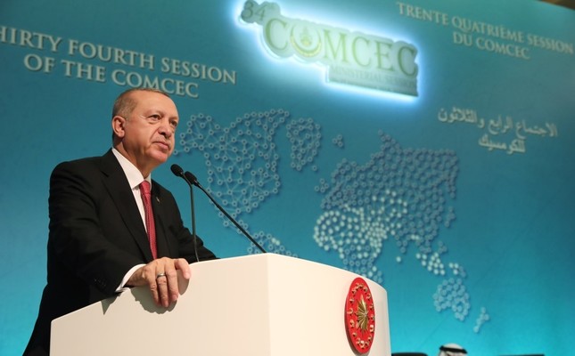 President Recep Tayyip Erdo?an speaks at the 34th meeting of the Standing Committee for Economic and Commercial Cooperation of the Organization of Islamic Cooperation (COMCEC) Ministerial Session in Istanbul, yesterday.