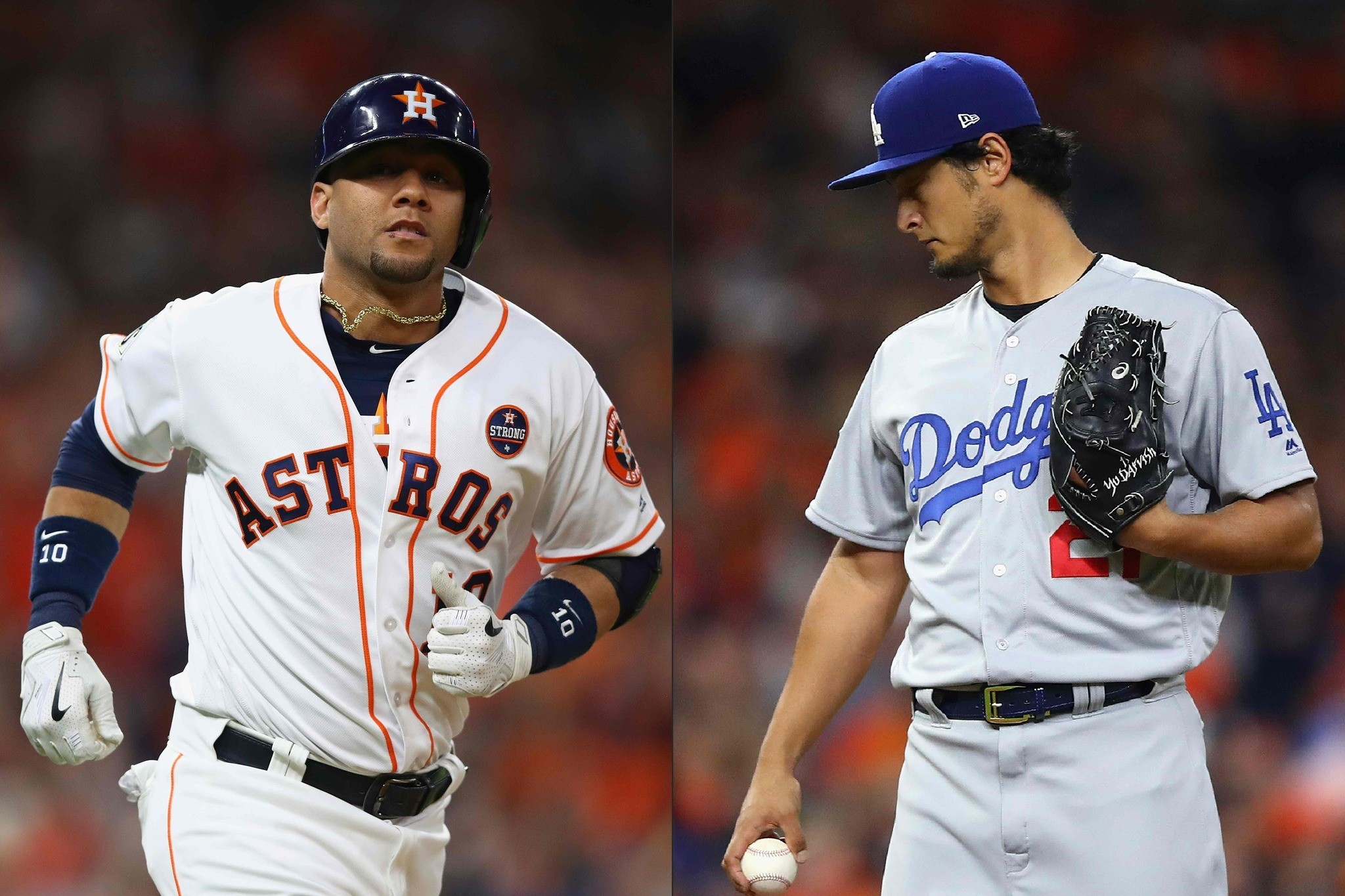 Yuli Gurriel #10 (L) of the Houston Astros reacting after hitting a solo home run and Yu Darvish #21 of the Los Angeles Dodgers looking on after giving up a solo home run to Yuli Gurriel. (AFP Photo)