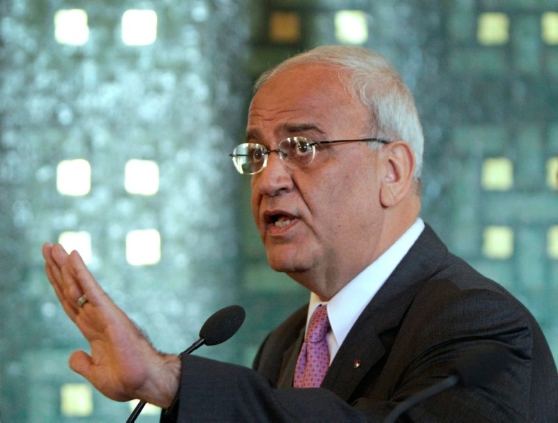 In this Oct. 2, 2011 file photo chief Palestinian negotiator Saeb Erekat, talks during a press conference with Arab League Secretary General Nabil al-Arabi, not pictured, at the Arab League headquarters in Cairo, Egypt. (AP Photo)