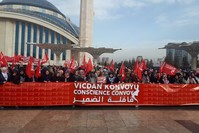 Women in convoy held a press briefing in front of Ankara's Ahmet Hamdi Akseki Mosque before they left for the border town of Hatay yesterday.
