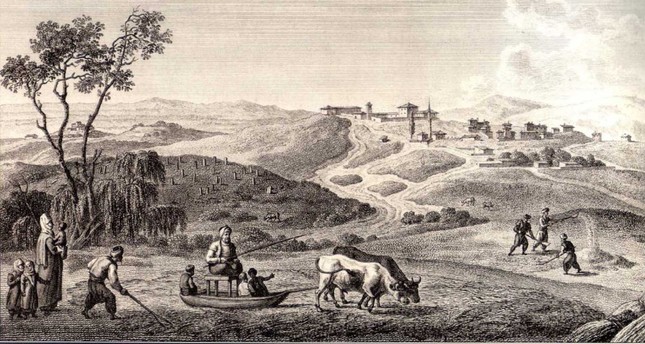 A gravure shows Ottoman farmers working on their fields.