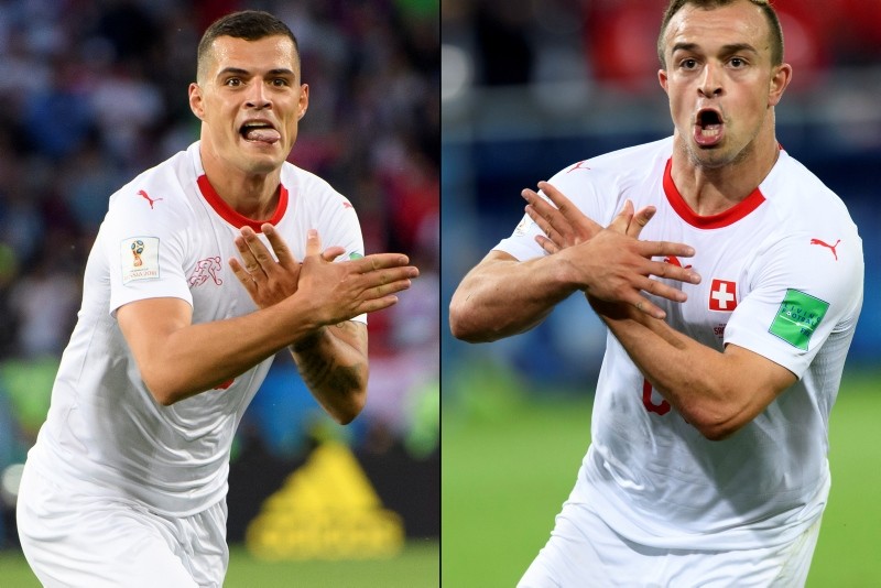 A combo of two pictures shows the celebration for the first goal of Switzerland's midfielder Granit Xhaka, (L), and the victory goal of Switzerland's midfielder Xherdan Shaqiri, (R).