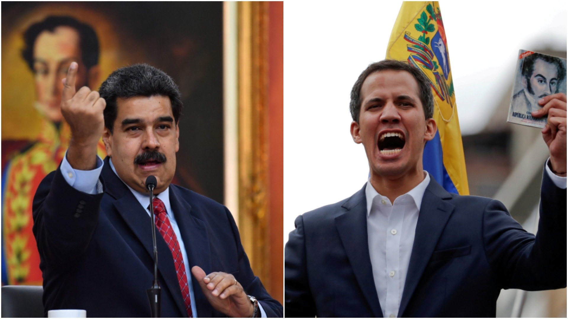This combination of photos shows Venezuela's President Nicolas Maduro (R) speaking during a press conference and National Assembly head Juan Guaido talking to the crowd during a mass opposition rally. (AFP/REUTERS Photos)