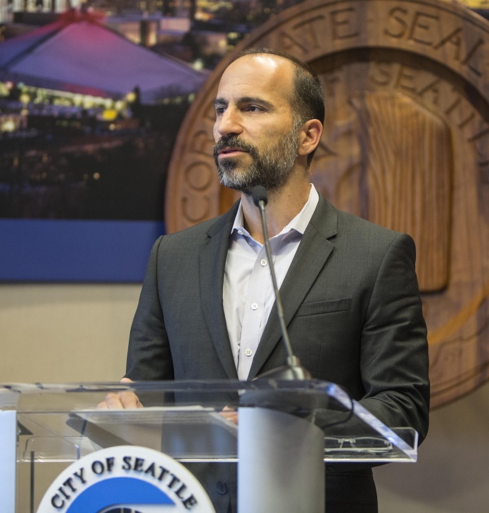 Expedia's CEO Dara Khosrowshahi announces his company is moving 3,000 employees from Bellevue, WA, to Seattle's waterfront in 2016, during a news conference in Seattle.