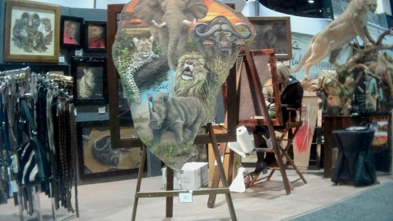 This image provided by the Humane Society of the United States shows a painting on elephant hide for sale at the Safari Club International conference in Reno, Nevada. (AP Photo)
