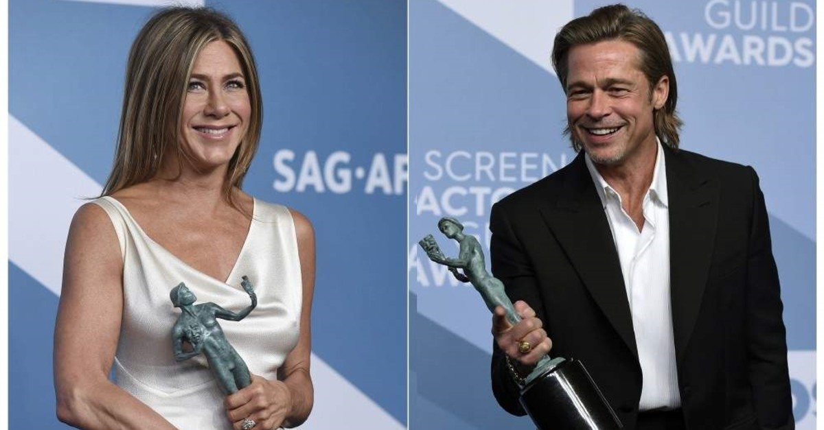 This combination photo shows Jennifer Aniston with the award for outstanding performance by a female actor in a drama series for ,The Morning Show, (L) and Brad Pitt with the award for outstanding performance by a male actor in a supporting role for ,Once Upon a Time in Hollywood, at the 26th annual Screen Actors Guild Awards on Jan. 19, 2020, in Los Angeles. (AP Photo)