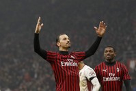 Ibrahimovic celebrates after scoring his side's fourth goal during a match against Torino in Milan, Jan. 28, 2020. (AP Photo)