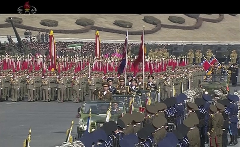 In this image made from video by North Korea's KRT, a military parade is held in Pyongyang, North Korea Thursday, Feb. 8, 2018. North Korea held the military parade and rally on Kim Il Sung Square (AP Photo)