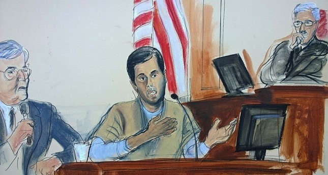 A courtroom sketch shows Iranian-Turkish gold trader Reza Zarrab testifying before Judge Richard Berman, New York, Nov. 29. 