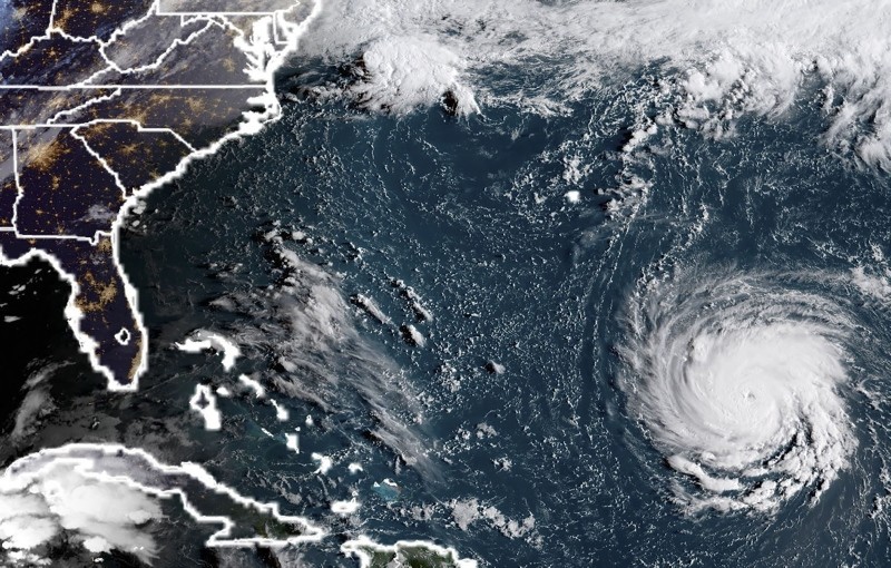 This NOAA/RAMMB satellite image taken at 11:45 UTC on September 10, 2018, shows Hurricane Florence off the US east coast in the Atantic Ocean. (AFP Photo)