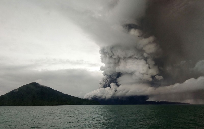 This Dec. 26, 2018 photo shows the Anak Krakatau volcano erupting, as seen from a ship on the Sunda Straits. (AFP Photo)