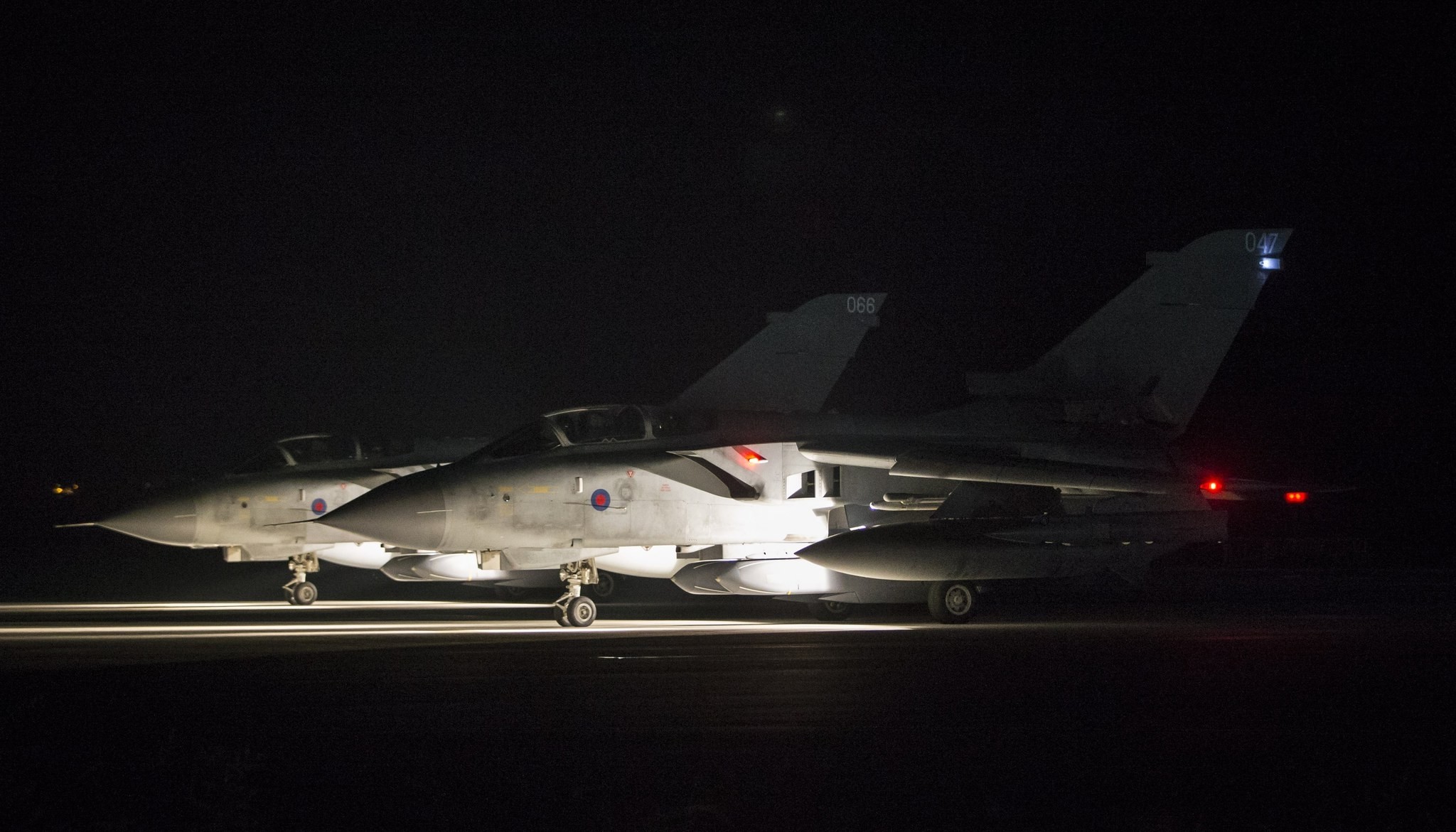 A handout photo by the British Ministry of Defence (MoD) showing two British Royal Air Force (RAF) Tornado taxing before take off at RAF Akrotiri, Cyprus, 14 April 2018 after conducting strikes in support of Operations over the Middle East.