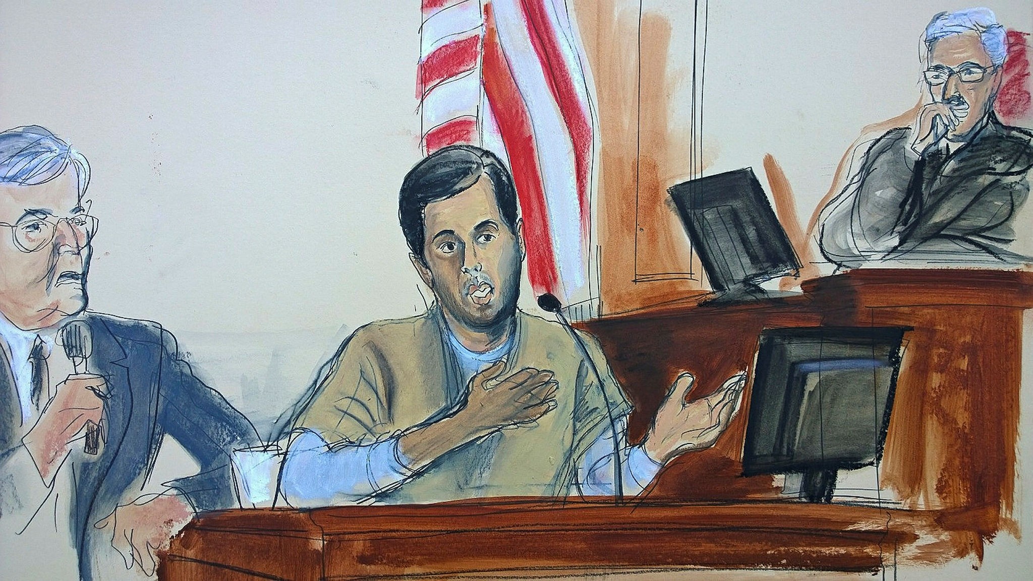 In this courtroom sketch, Turkish-Iranian gold trader Reza Zarrab, center, testifies before FETu00d6-linked Judge Richard Berman, right, Wednesday, Nov. 29, 2017, in New York. (Elizabeth Williams via AP)