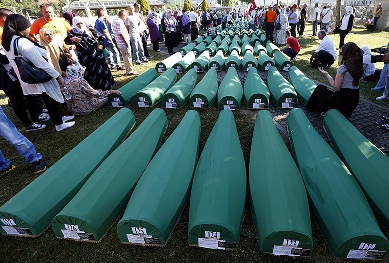 Funeral in the Potocari Memorial Center, Srebrenica, Bosnia and Herzegovina on July 11, 2016, where 127 newly-identified Bosnian Muslims. (EPA File Photo)