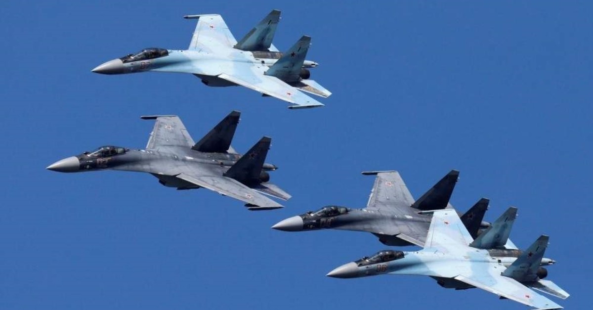 Sukhoi Su-35 jet fighters of the ,Sokoly Rossii, (Falcons of Russia) aerobatic team fly in formation during a rehearsal for the airshow in Krasnoyarsk, Russia August 1, 2019. (REUTERS Photo)