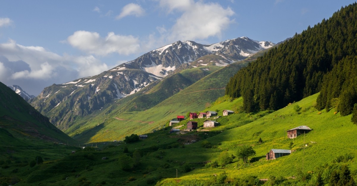 Traditional Black Sea houses scattered on the foothills of the Kau00e7kar Mountains.