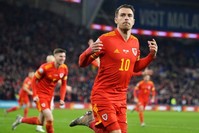Ramsey celebrates after scoring two goals during the qualification match between Wales and Hungary in Cardiff, Nov. 19, 2019. (EPA)