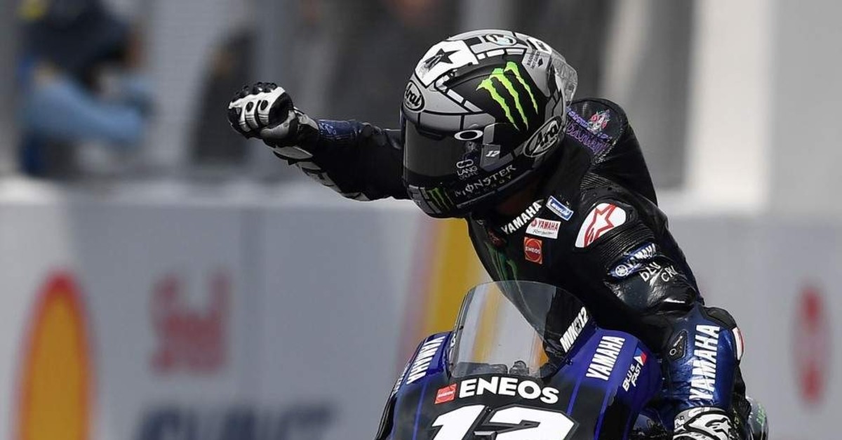 Monster Energy Yamaha's Spanish rider Maverick Vinales celebrates his victory in the MotoGP-class Malaysian Grand Prix motorcycle race at the Sepang International Circuit in Sepang, Nov. 3, 2019. (AFP Photo)