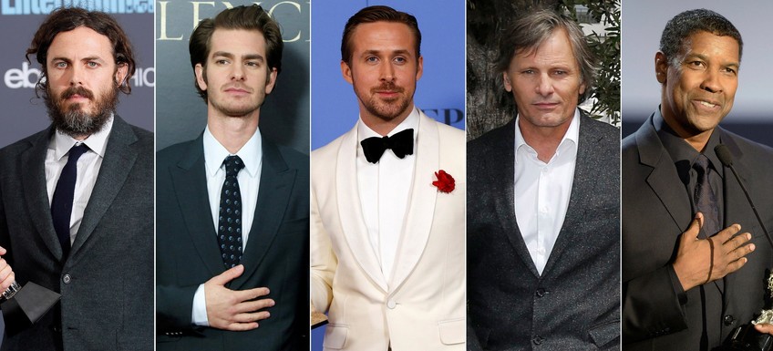 (L-R) Casey Affleck, Andrew Garfield, Ryan Gosling, Viggo Mortensen and Denzel Washington. (Reuters Photo)