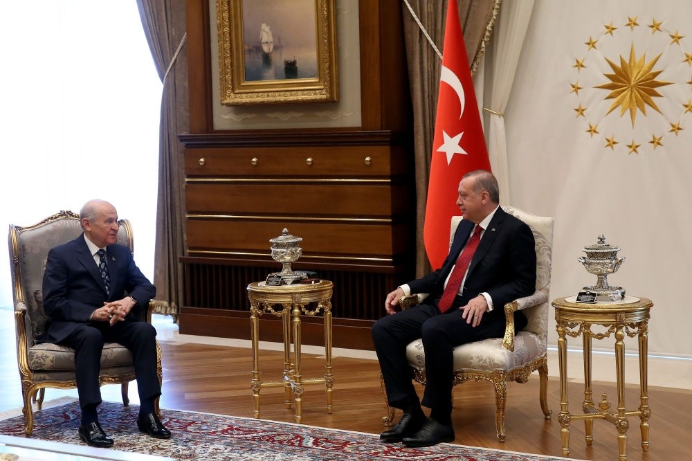 President Recep Tayyip Erdou011fan meets with MHP leader Devlet Bahu00e7eli (L) at the Beu015ftepe Presidential Complex in Ankara, April 18.