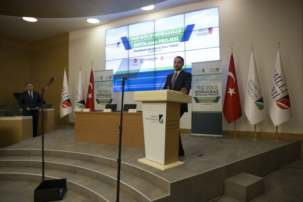Energy and Natural Resources Minister Berat Albayrak delivers a speech during the signing ceremony of the Lake Tuz underground natural gas storage facility financing agreement in Ankara, June 27.