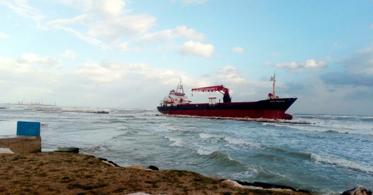 The Turkish merchant ship Efe Murat is driven aground a rocks barrier due to strong winds in Bari, Italy, Saturday, Feb. 23, 2019 (AP Photo)