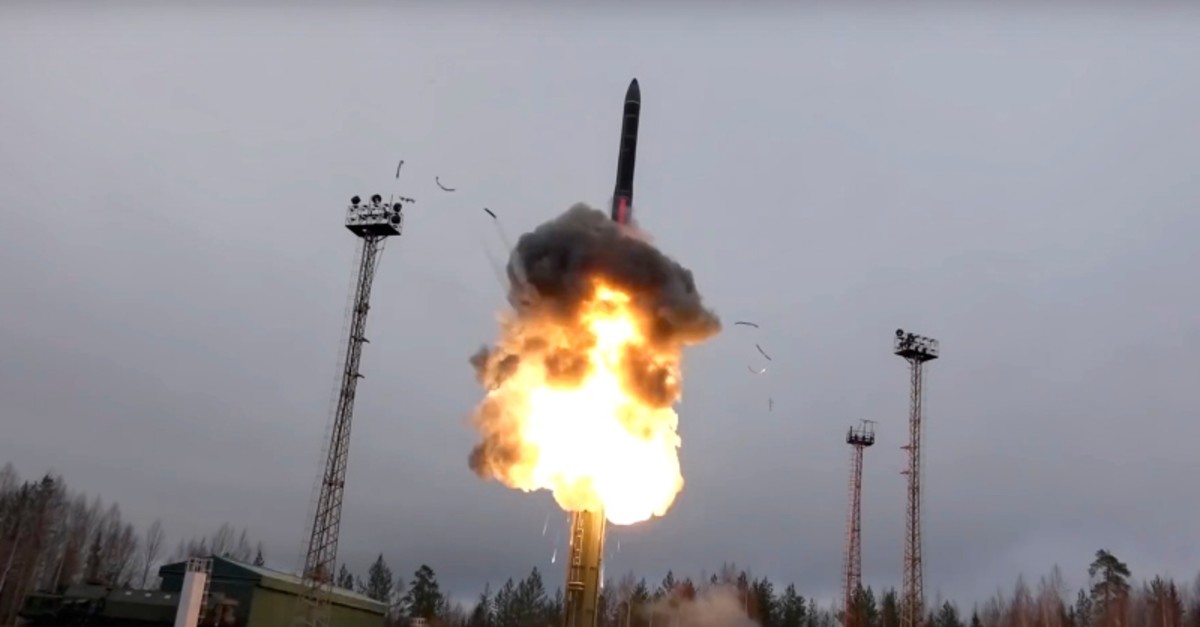 In this photo taken from undated footage distributed by Russian Defense Ministry Press Service, an intercontinental ballistic missile lifts off from a truck-mounted launcher somewhere in Russia. (Russian Defense Ministry Press Service via AP)