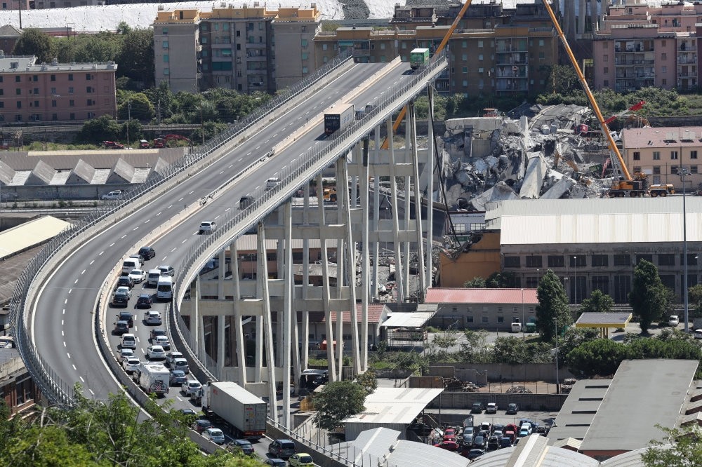 The collapsed Morandi Bridge in the Italian port city of Genoa, Aug. 16.
