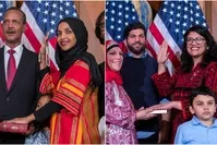 Ilhan Omar (L) and Rashida Tlaib (R) take their oaths of office. (EPA/AA Photos)