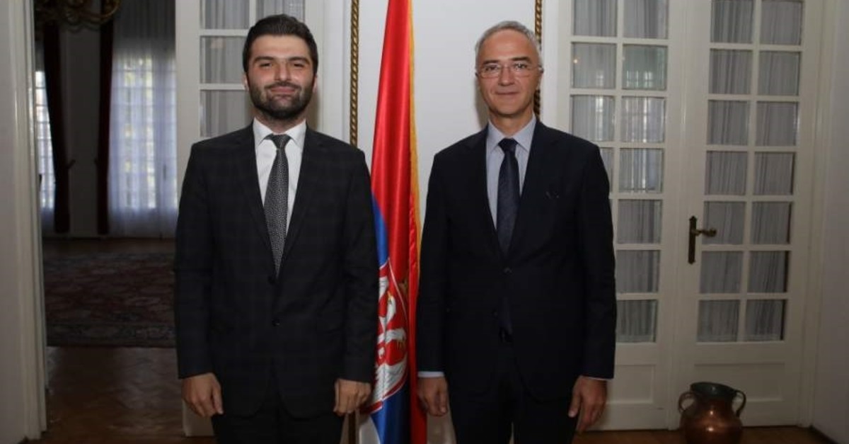 Serbian Ambassador Zoran Markovic (R) with Daily Sabah's Mustafa Ku0131ru0131ku00e7u0131ou011flu.