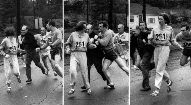 Switzer found herself about to be thrown out of the normally all-male Boston Marathon when a husky companion, Thomas Miller, threw a block that tossed a race official out of the running instead.