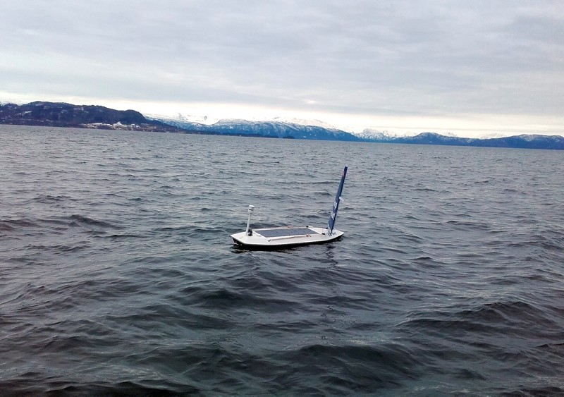 In this photo taken on March 14, 2018 and provided by Offshore Sensing, an autonomous Sailbuoy operated by Norwegian company Offshore Sensing performs a demonstration in the waters of Bjornafjorden, near Bergen, Norway. (AP Photo)