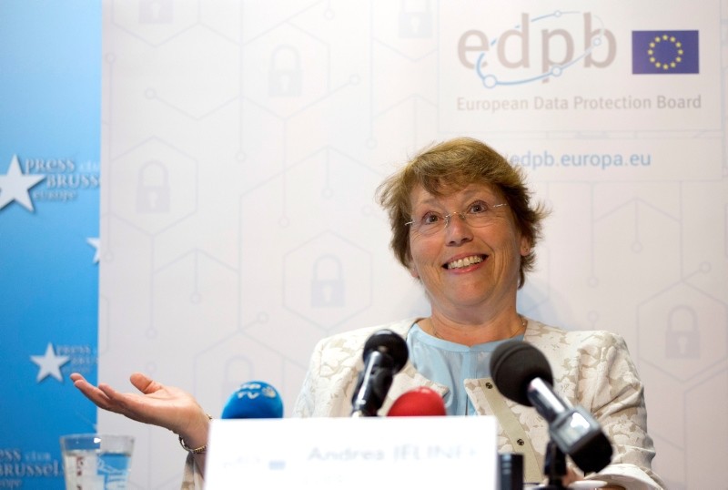 Andrea Jelinek, Chair of the European Data Protection Board, speaks during a media conference on the occasion of the entry into application of the General Data Protection Regulation in Brussels on Friday, May 25, 2018. (AP Photo)