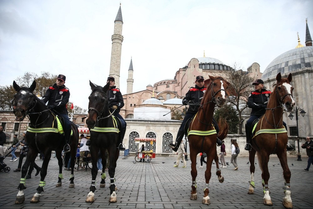 Mounted police pose in front of Hagia Sophia.